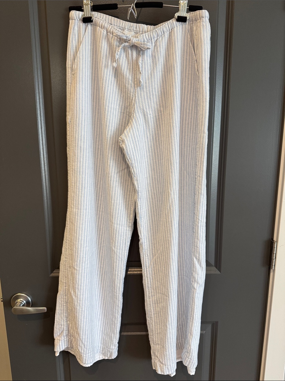 Light Blue and White Striped Drawstring Linen Blend Pants